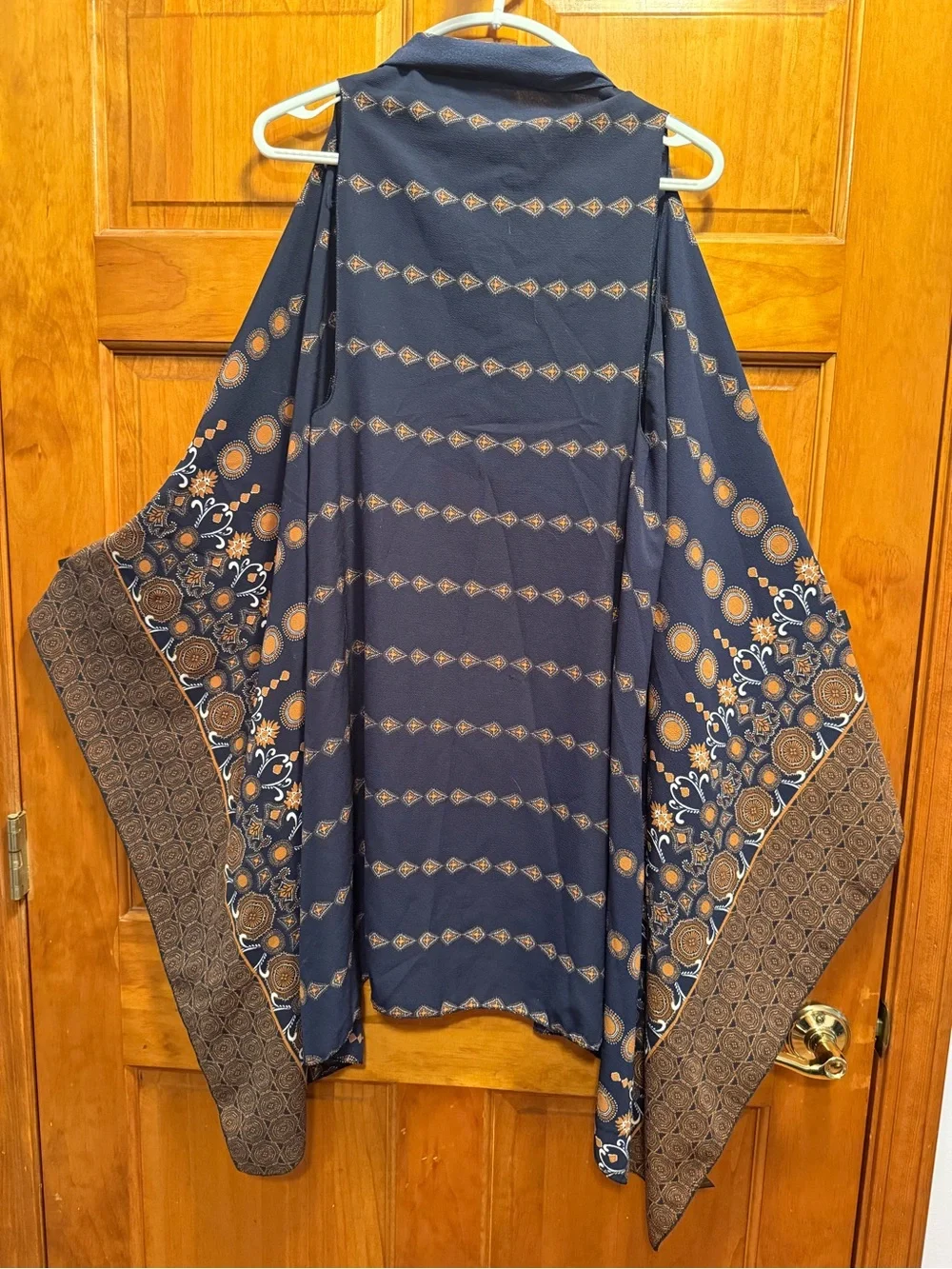 Navy and Brown Patterned Open-Front Tunic Kimono